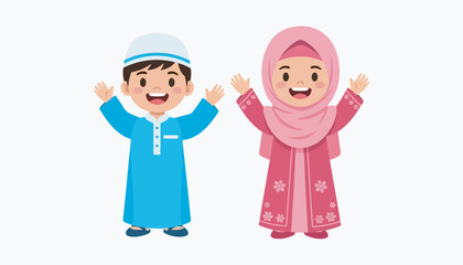 Cartoon illustration of a smiling Muslim boy in a blue thobe and kufi, and a girl in a pink hijab and dress, both raising their hands.