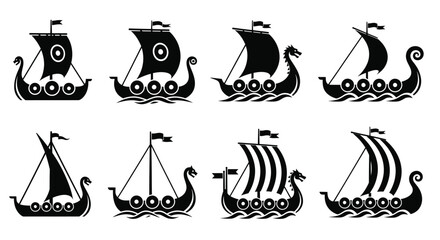 Obraz premium Viking ship vector set silhouette drakkar boat illustration design