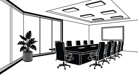 Stylish monochrome conference room with board table and plant decor