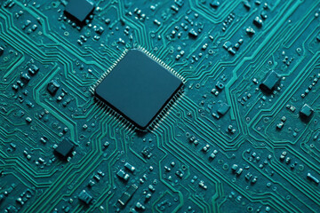 Close up abstract view of a central processing unit chip soldered onto a teal printed circuit board