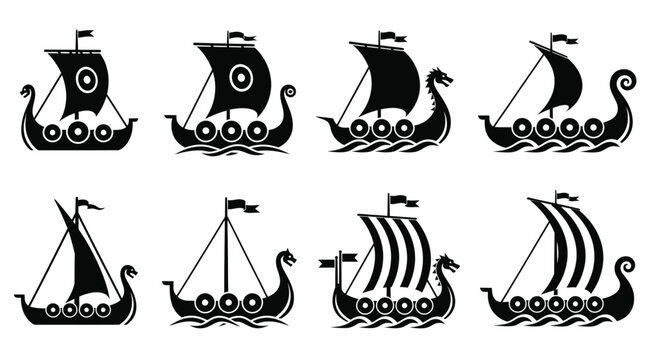 Viking ship vector set silhouette drakkar boat illustration design
