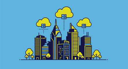 Modern cityscape connected to cloud servers for tech innovation