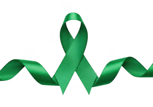 A green awareness ribbon isolated on transparent background, symbolizing support for various causes and health campaigns