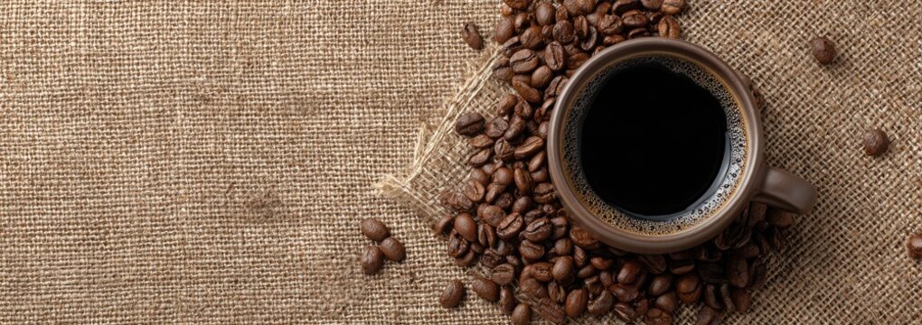 A coffee mug filled with dark liquid rests on burlap surrounded by roasted beans