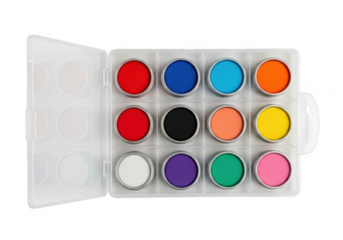 A set of 12 vibrant watercolor paints in a plastic case, isolated on transparent background