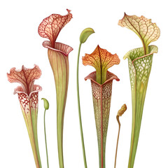 Botanical Illustration of Diverse Carnivorous Pitcher Plants on White on transparent background