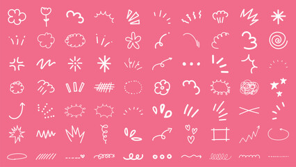 Set of white doodles on pink background. Doodles include arrows, stars, and flowers. Doodles are playful and abstract. Doodles for creative design. White doodle elements, vector set. © Rawpixel.com