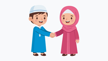 Fototapeta premium Two cartoon Muslim children, a boy in a blue thobe and a girl in a pink hijab, shaking hands and smiling.