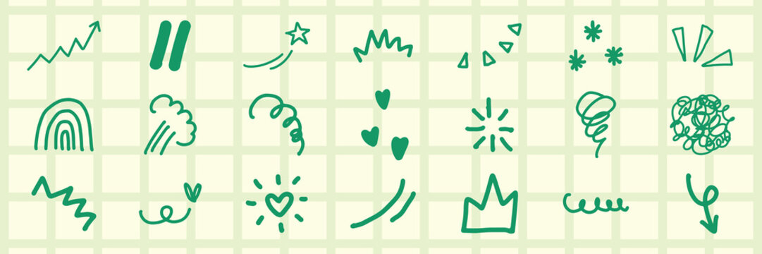 A collection of green doodles on a light grid background. Includes stars, hearts, squiggles, and abstract shapes. Playful doodles, green doodles, creative doodles. Colorful doodle elements, vector set