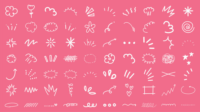 Set of white doodles on pink background. Doodles include arrows, stars, and flowers. Doodles are playful and abstract. Doodles for creative design. White doodle elements, vector set.