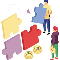 Two People Assembling A Colorful Puzzle With Coins Suggesting Business Strategy And Teamwork In A Bright Environment