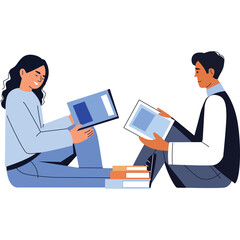 Two people casually reading books together sitting on a transparent background with soft blue and light grey clothing and light brown skin tones