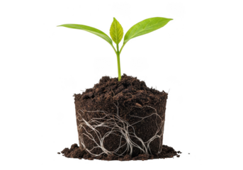 A young plant with visible roots growing from a clump of soil, isolated on transparent background