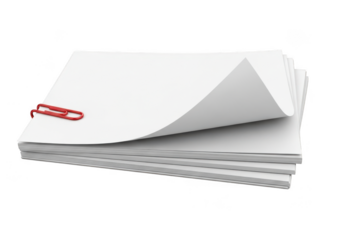 A stack of blank white paper sheets held together by a red paperclip, isolated on transparent background