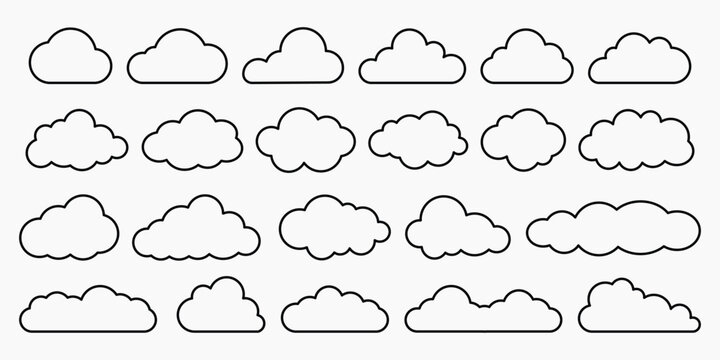 Collection of cloud outlines in various shapes. Cloud shapes in rows. Simple cloud designs. Cloud outlines for design. Cloud patterns in black and white. Weather illustration, vector set.