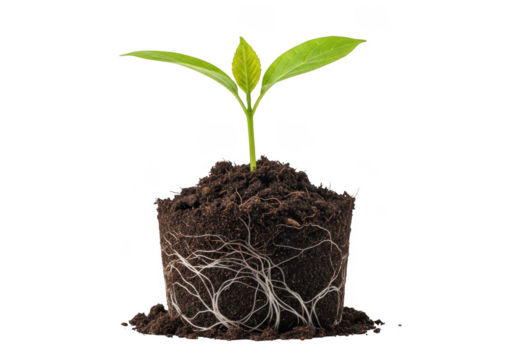 A young plant with visible roots growing from a clump of soil, isolated on transparent background