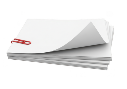 A stack of blank white paper sheets held together by a red paperclip, isolated on transparent background