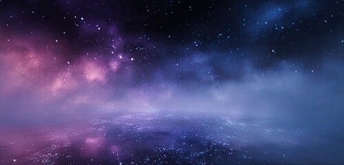 A cosmic scene, blending purples, blues, & fog-like clouds, with a speckled "ground.