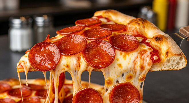 Pepperoni Pizza Slice with Melting Cheese Pull, Perfect for food advertising, restaurant menus, delivery app promotions, and pizza branding campaigns.