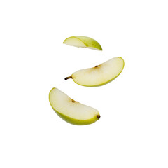 Green pear sliced into halves and segments, showing smooth skin and pale juicy flesh, isolated on transparent background.