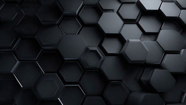 A dark, 3D abstract background with hexagonal shapes in various heights