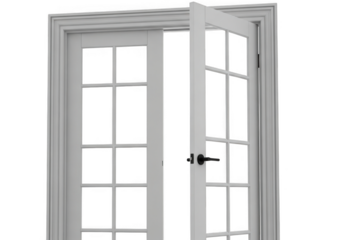 Open white french door with glass panes, isolated on transparent background