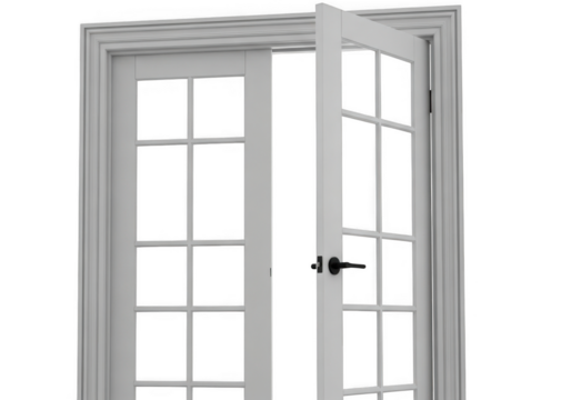 Open white french door with glass panes, isolated on transparent background