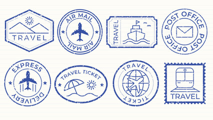 Blue travel stamps with planes, ships, and trains. Travel-themed designs for air mail, express delivery, and travel tickets. Travel icons and symbols. Blue vintage stamps, vector set.
