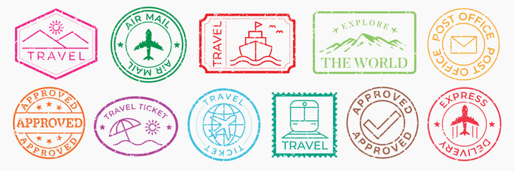 Colorful travel stamps with airplane, ship, and train icons. Travel-themed designs include 'Approved' and 'Explore the World' stamps. Travel, explore, and approved. Colorful travel stamps, vector set.