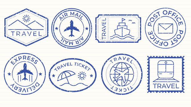 Blue travel stamps with planes, ships, and trains. Travel-themed designs for air mail, express delivery, and travel tickets. Travel icons and symbols. Blue vintage stamps, vector set.