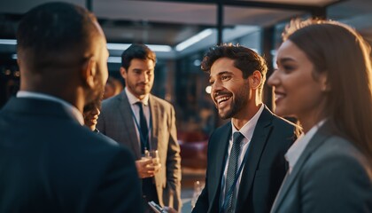 Diverse business professionals networking and laughing at a corporate event, concept for corporate events, professional development, and team building.