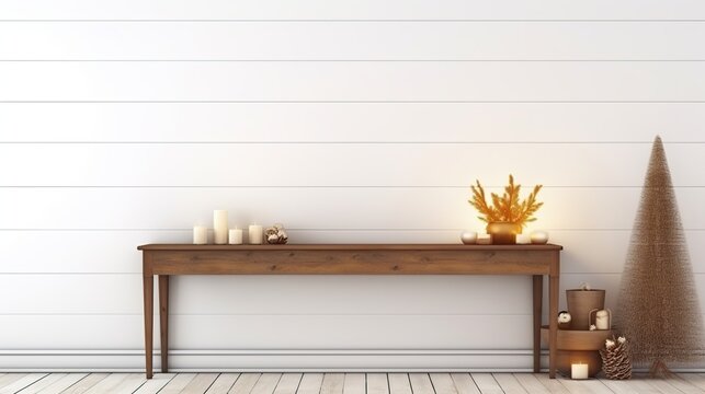 A long wooden console table sits against a white paneled wall, adorned with candles and a decorative arrangement, with a conical object to the right.