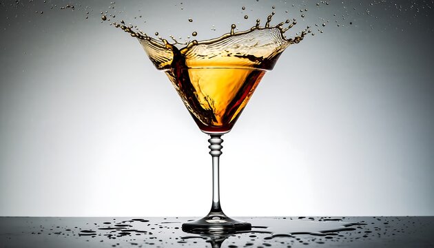 Vibrant golden cocktail splashing from a martini glass, an exciting concept for drink promotions, bar advertising, and celebration events.