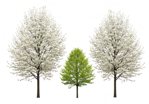 Three trees, two in full white blossom and one vibrant green, isolated on transparent background