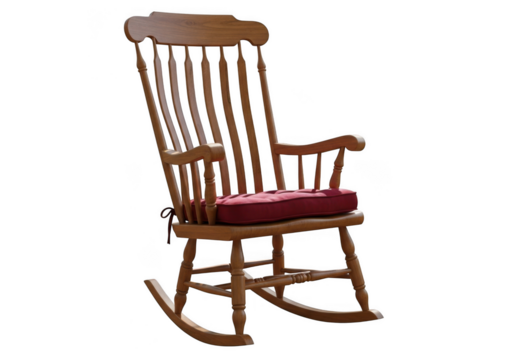 A classic wooden rocking chair with a red cushion, isolated on a transparent background, perfect for a cozy home setting