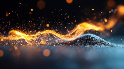 An abstract digital art piece featuring a luminous golden wave of energy flowing through a field of dark, glittering particles, set against a dark background wi