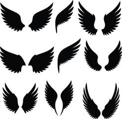 Elegant angel and bird wing silhouette collection with detailed feather shapes, black vector design set for fantasy art, logos and decoration