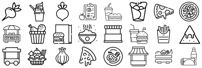Naklejka premium Collection of Food and Drink Icons Street Food, Fast Food, and Produce