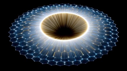 A circular, abstract pattern of interconnected hexagons with glowing blue and gold light emanating from a central dark void.