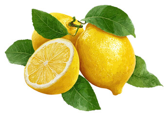 Bright yellow lemons with green leaves on a transparent background