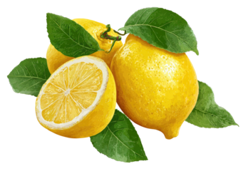 Bright yellow lemons with green leaves on a transparent background