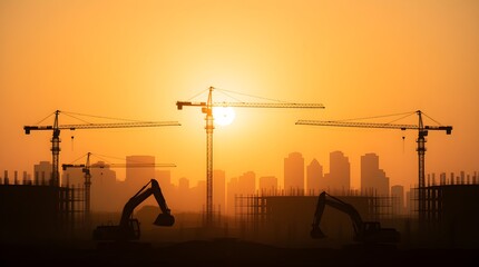 Construction site at sunset with cranes and excavators building a new city
