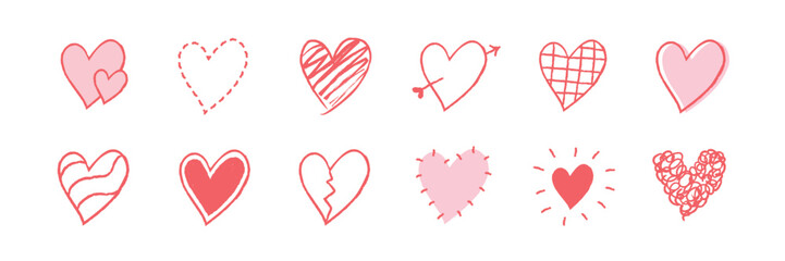 Various heart illustrations in red and pink. Hearts with arrows, stripes, and broken designs. Doodle hearts, simple hearts, and creative heart patterns. Cute hand drawn love doodle, set. Vectors.