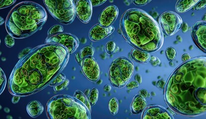 A cluster of transparent, oval-shaped cells with intricate green interiors floating against blue