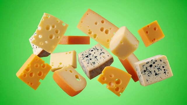 Vibrant floating assortment of gourmet cheeses in continuous studio frames.