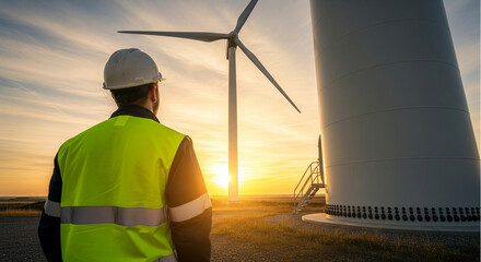 Engineer inspecting wind turbine farm at sunset. Renewable green energy concept with worker in safety gear looking at generator during golden hour.