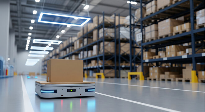 Autonomous mobile robot carrying box in modern warehouse. Smart AGV logistics technology moving packages in distribution center. Future industrial automation concept.