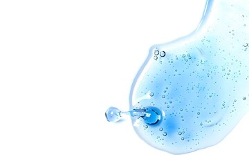 Blue cosmetic gel texture with bubbles isolated on white background