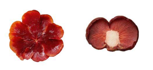 Two dark red mushrooms, top and underside view