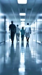 Medical team walking down hospital corridor in blurred blue clinical environment